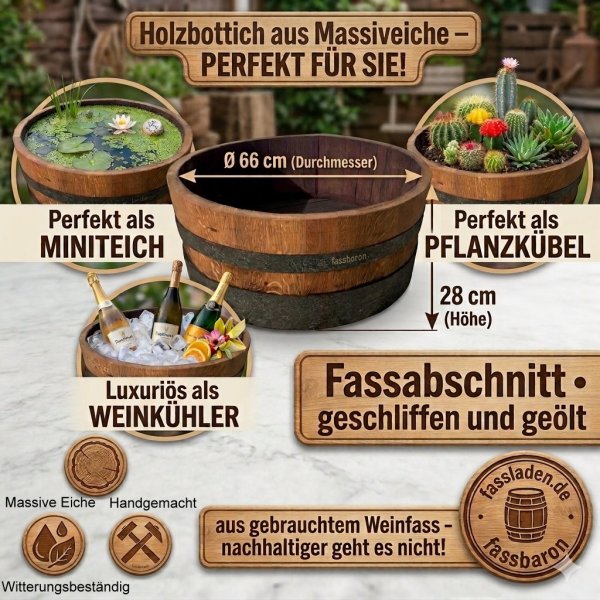 Pflanzkübel & Miniteich aus massivem Eichenholz – 60 Liter | Ø 63cm rustikaler Holzbottich aus Weinfass